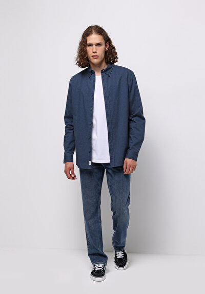 اعرض التفاصيل لـ قميص عادي رقبة مستقيم رجالي أزرق كحلي كم طويل قميص