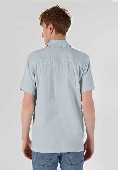اعرض التفاصيل لـ قميص عادي رقبة مستقيم رجالي أزرق كم قصير قميص