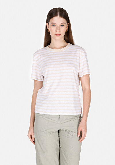 صورة من مقاس عادي رقبة مستديرة مخطط نسائي بيج كم قصير تي شيرت