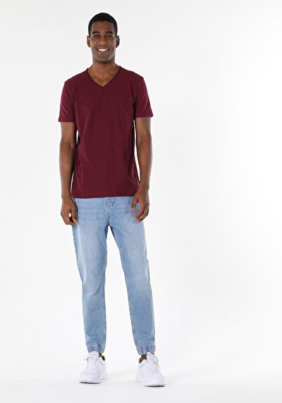 اعرض التفاصيل لـ  على شكل V رقبة مستقيم رجالي عنابي كم قصير تي شيرت