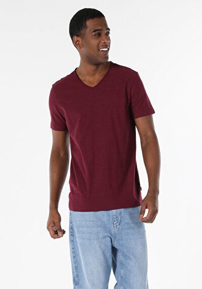 اعرض التفاصيل لـ  على شكل V رقبة مستقيم رجالي عنابي كم قصير تي شيرت