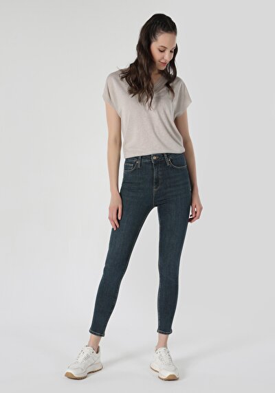 صورة من ضيق  خصر عالي ضيق الساق نسائي نيلي جينز