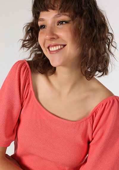 صورة من نحيف قصة عميقة رقبة مستديرة جاكار نسائي وردي كم قصير تي شيرت