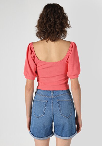 اعرض التفاصيل لـ نحيف قصة عميقة رقبة مستديرة جاكار نسائي وردي كم قصير تي شيرت