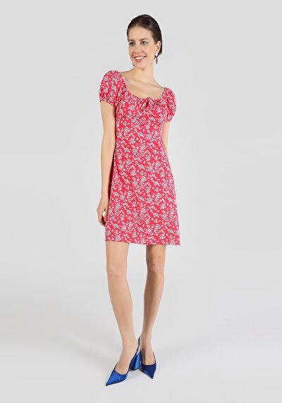 اعرض التفاصيل لـ  عادي أزهار نسائي متعدد الألوان فستان قصير الأكمام