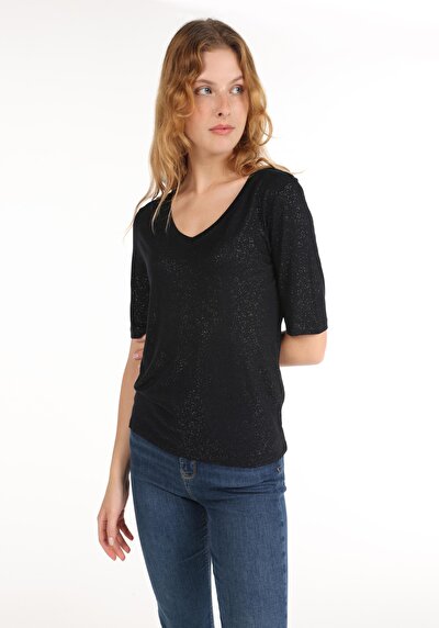 صورة من ضيق قصة على شكل V رقبة نسائية أسود كم قصير تي شيرت