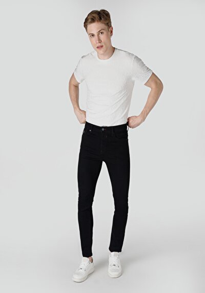 اعرض التفاصيل لـ Skinny Fit Rise Waist ساق ضيقة جينز أسود للرجال