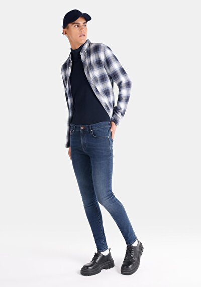 صورة من ضيق  خصر منخفض ضيق الساق للرجال بنطلون جينز نيلي غامق