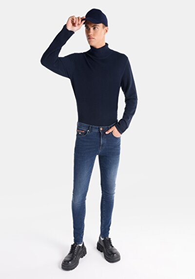 صورة من ضيق خصر منخفض ضيق الساق للرجال بنطلون جينز نيلي غامق