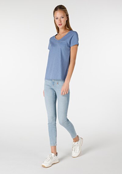 اعرض التفاصيل لـ   على شكل V رقبة مستقيمة نسائي أزرق كم قصير تي شيرت