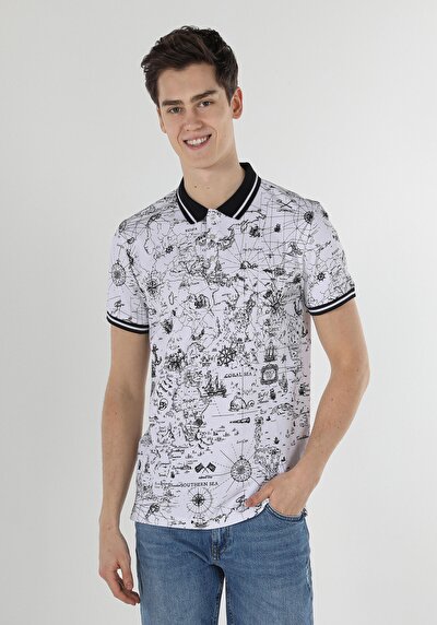 صورة من   بولو ياقة مطبوعة للرجال أبيض بأكمام قصيرة تي شيرت