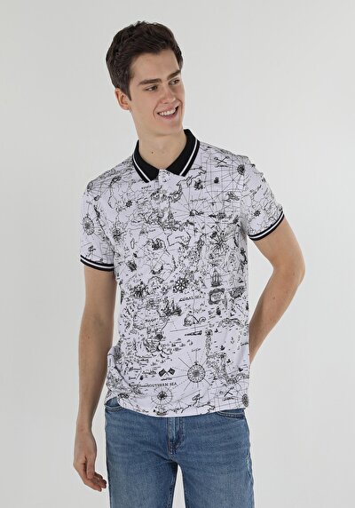 اعرض التفاصيل لـ   بولو ياقة مطبوعة للرجال أبيض بأكمام قصيرة تي شيرت