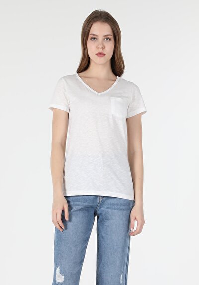 اعرض التفاصيل لـ   رقبة على شكل حرف V مستقيم نسائي أبيض بأكمام قصيرة تي شيرت