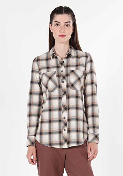 اعرض التفاصيل لـ قميص عادي رقبة منقوشة نسائي بيج كم طويل قميص