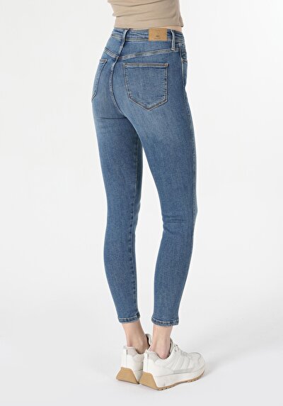 اعرض التفاصيل لـ ضيق  خصر عالي ضيق الساق نسائي نيلي جينز