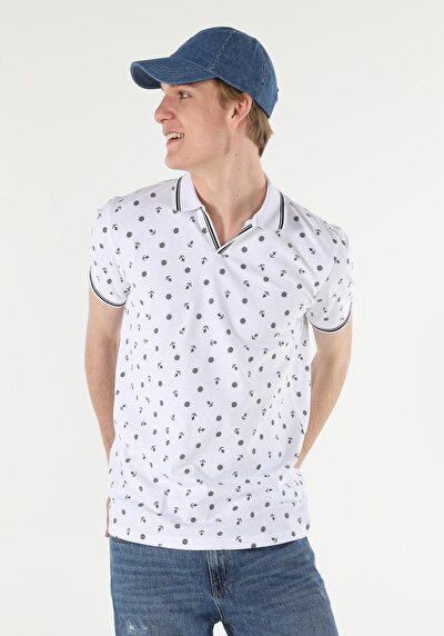 صورة من   بولو ياقة مطبوعة للرجال أبيض بأكمام قصيرة تي شيرت