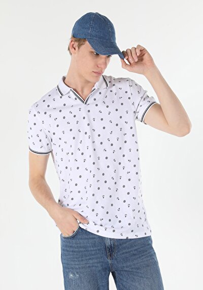 صورة من بولو ياقة مطبوعة للرجال أبيض بأكمام قصيرة تي شيرت