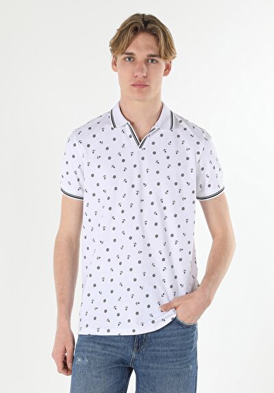 اعرض التفاصيل لـ   بولو ياقة مطبوعة للرجال أبيض بأكمام قصيرة تي شيرت