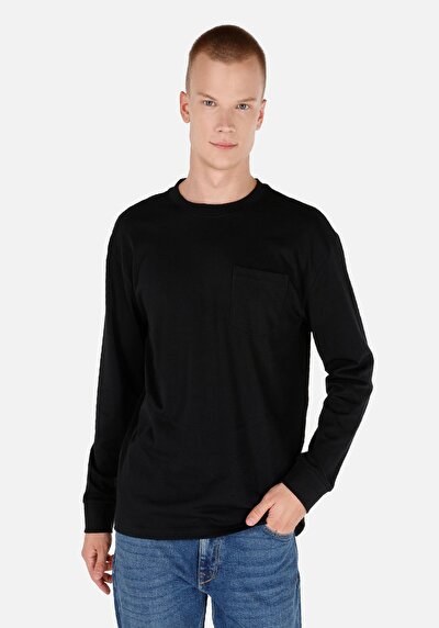 صورة من   رقبة مستديرة مستقيم رجالي أسود كم طويل تي شيرت