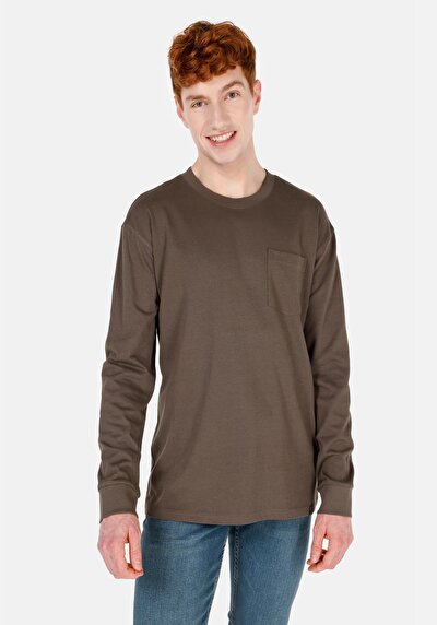 صورة من   رقبة مستديرة مستقيم رجالي أخضر كم طويل تي شيرت