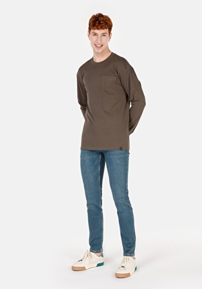 صورة من رقبة مستديرة مستقيم رجالي أخضر كم طويل تي شيرت