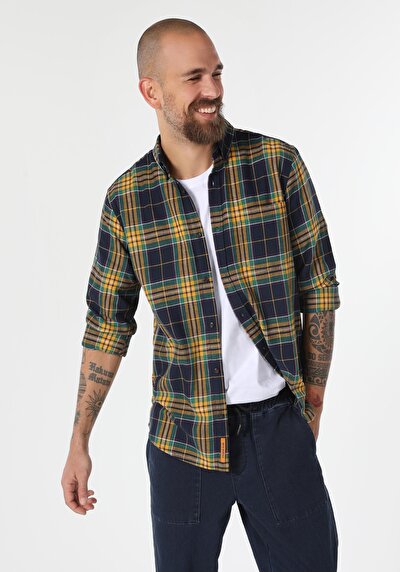 صورة من قميص عادي مقاس رقبة منقوشة رجالي أزرق داكن كم طويل قميص