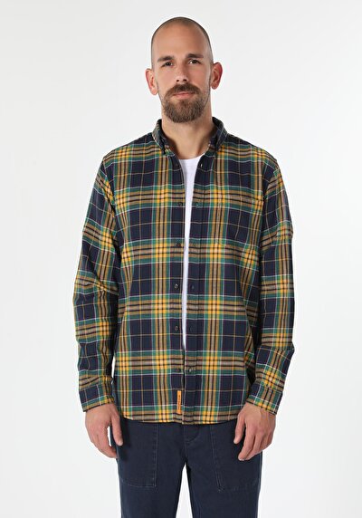 اعرض التفاصيل لـ قميص عادي مقاس رقبة منقوشة رجالي أزرق داكن كم طويل قميص