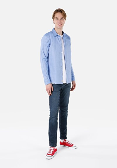 اعرض التفاصيل لـ قميص نحيف رقبة مستقيم رجالي أزرق كم طويل قميص