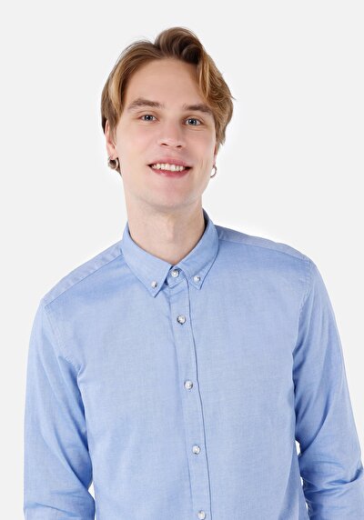 اعرض التفاصيل لـ قميص نحيف رقبة مستقيم رجالي أزرق كم طويل قميص