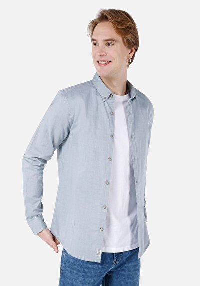 صورة من قميص نحيف رقبة مستقيم رجالي أخضر كم طويل قميص