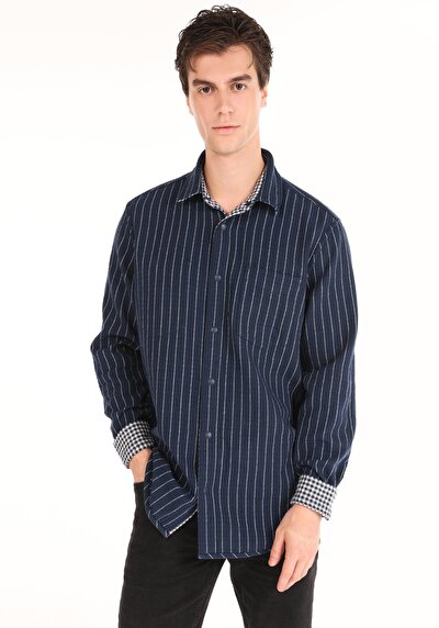 صورة من قميص مريح رقبة متقلب رجالي أزرق كحلي كم طويل قميص