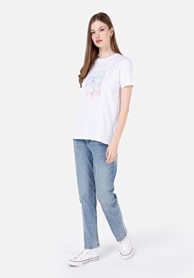 اعرض التفاصيل لـ   رقبة مستديرة مطبوعة نسائية أبيض قصيرة أكمام تي شيرت