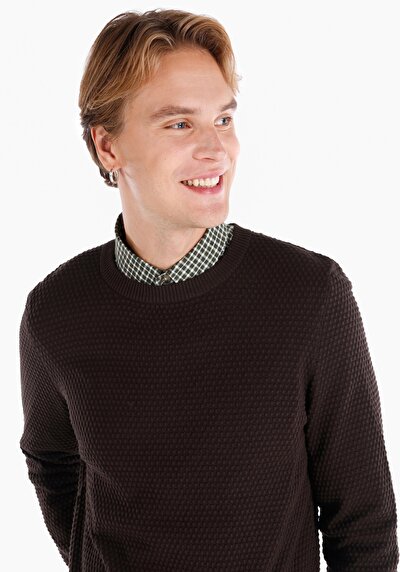 اعرض التفاصيل لـ تناسب عادي برقبة مستديرة جاكار سترة بني للرجال