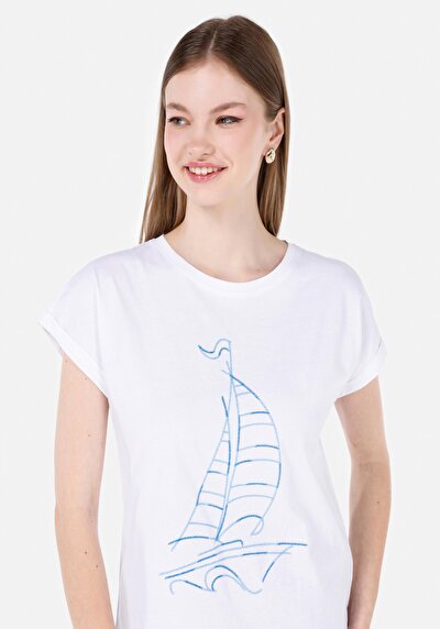 اعرض التفاصيل لـ   رقبة مستديرة مطبوعة نسائية أبيض قصيرة أكمام تي شيرت