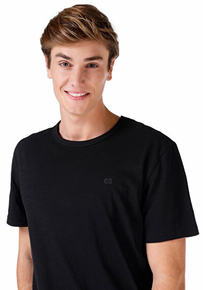 اعرض التفاصيل لـ كومفورت فيت رقبة مستديرة مستقيم رجالي أسود كم قصير تي شيرت