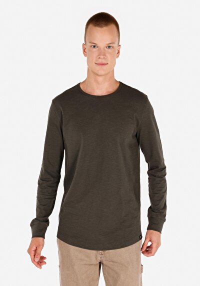 صورة من   رقبة مستديرة مستقيم رجالي أخضر كم طويل تي شيرت