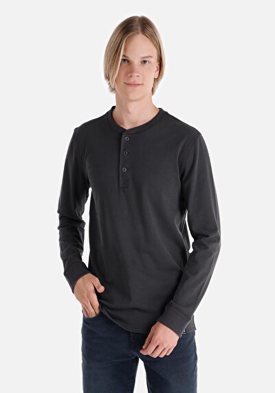 صورة من نحيف  بأزرار ياقة مستقيمة رجالي أنثراسايت كم طويل تي شيرت