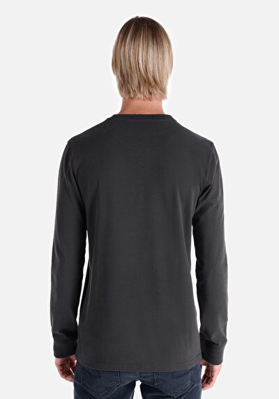 صورة من نحيف بأزرار ياقة مستقيمة رجالي أنثراسايت كم طويل تي شيرت