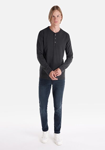 صورة من نحيف بأزرار ياقة مستقيمة رجالي أنثراسايت كم طويل تي شيرت