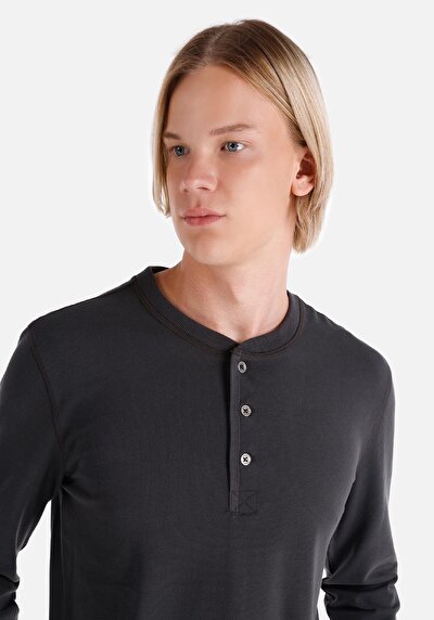 اعرض التفاصيل لـ نحيف  بأزرار ياقة مستقيمة رجالي أنثراسايت كم طويل تي شيرت