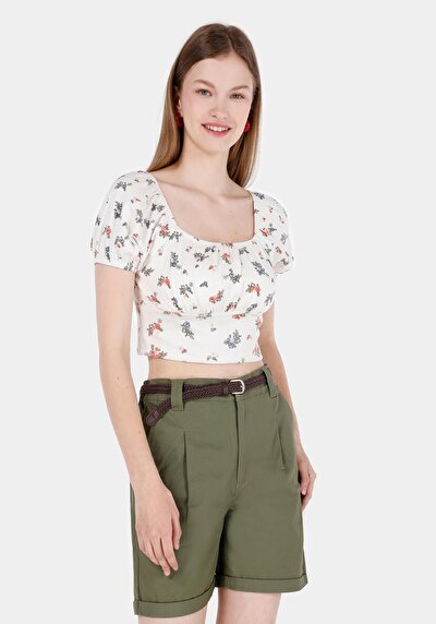 صورة من نحيف  ياقة مربعة الأزهار المرأة Ecru البطيخ تي شيرت