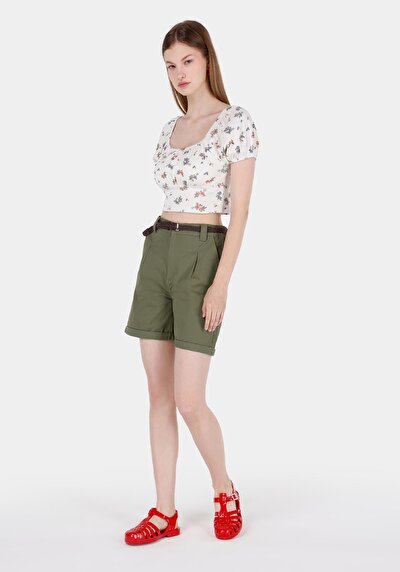 اعرض التفاصيل لـ نحيف  ياقة مربعة الأزهار المرأة Ecru البطيخ تي شيرت