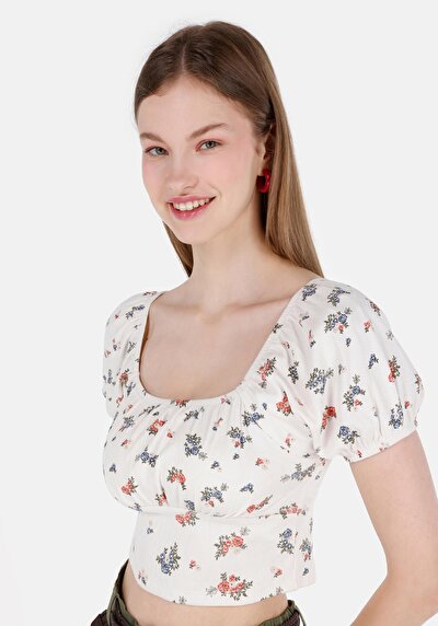 اعرض التفاصيل لـ نحيف  ياقة مربعة الأزهار المرأة Ecru البطيخ تي شيرت