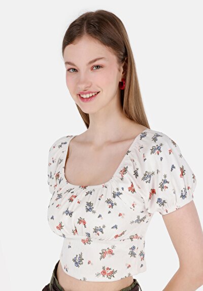 صورة من نحيف ياقة مربعة الأزهار المرأة Ecru البطيخ تي شيرت