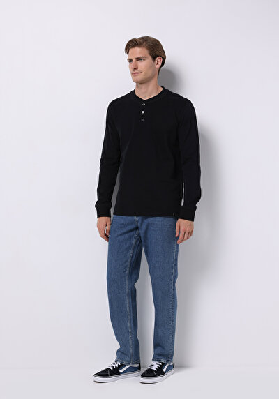 اعرض التفاصيل لـ نحيف  بأزرار ياقة مستقيمة رجالي أسود كم طويل تي شيرت