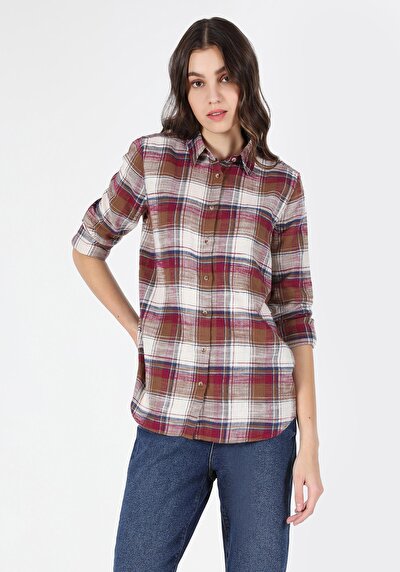 صورة من قميص عادي رقبة منقوشة نسائي بورجوندي كم طويل قميص