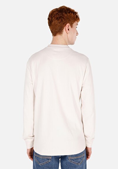 صورة من ضيق زر طوق مستقيم للرجال أبيض كم طويل تي شيرت