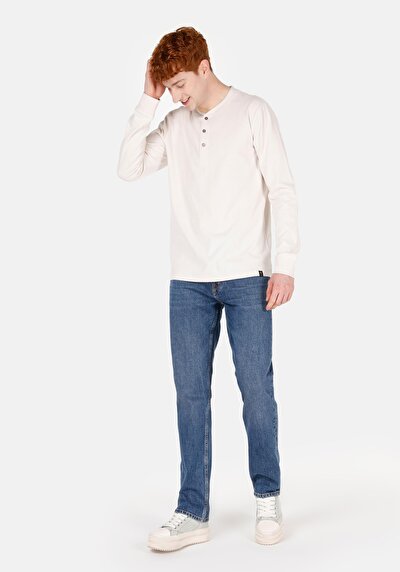 اعرض التفاصيل لـ ضيق  زر طوق مستقيم للرجال أبيض كم طويل تي شيرت