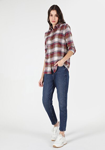 اعرض التفاصيل لـ قميص عادي رقبة منقوشة نسائي بورجوندي كم طويل قميص