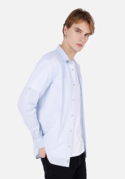 صورة من قميص عادي رقبة مستقيم رجالي أزرق قميص قابل للطي